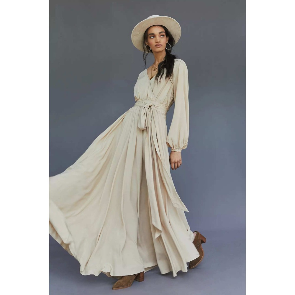 Erika Pena Draped Wrap Maxi Dress Light Sand Beige V-Neck Long Sleeve S/M NWT